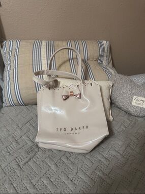 Ted Baker Cream Patent Tote with Metallic Bow Accent